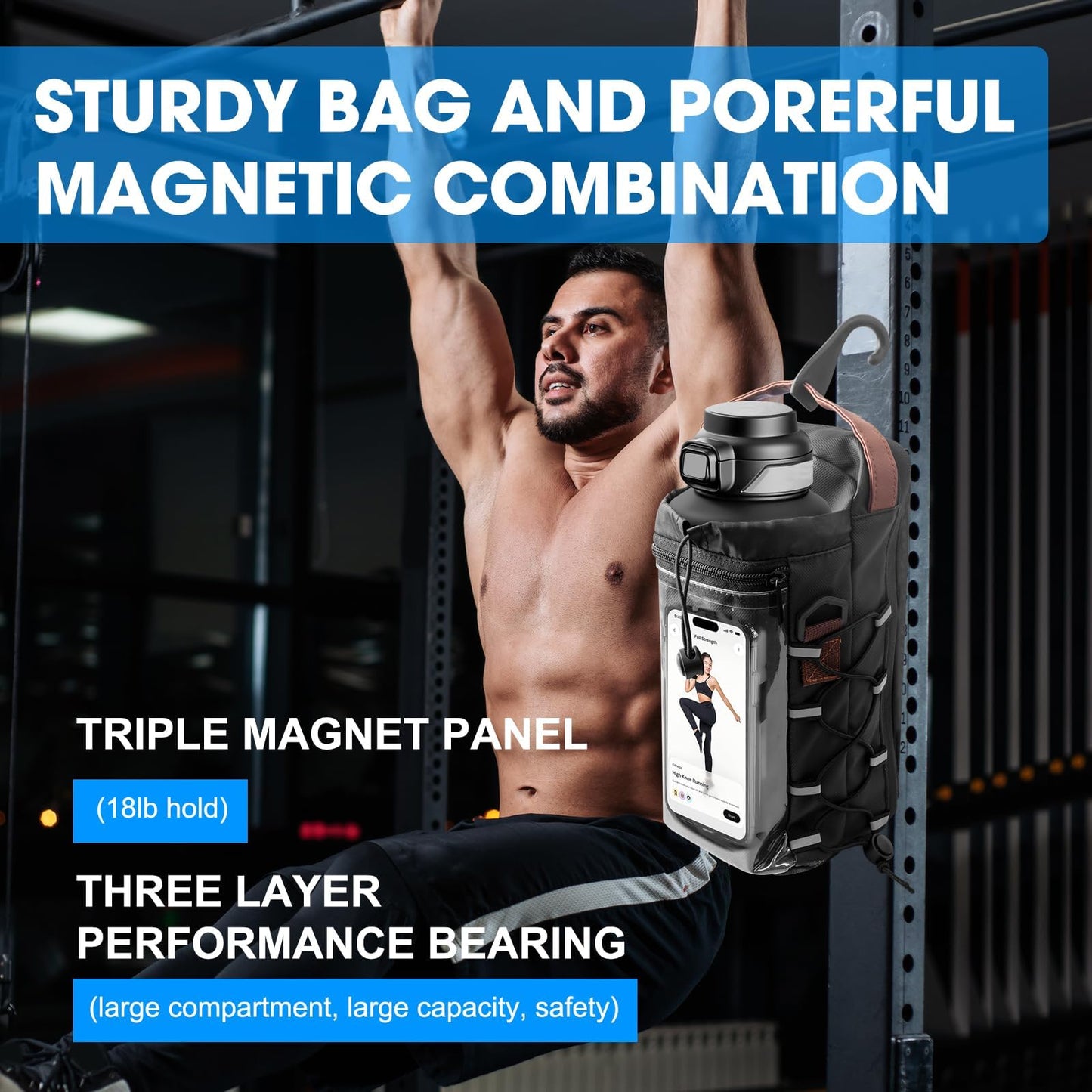 Nodfens Magnetic Gym Bag for Men and Women, Upgraded Small Gym Bag with Hook and Clear Design Phone, Magnetic Water Bottle Holder with Adjustable Strap
