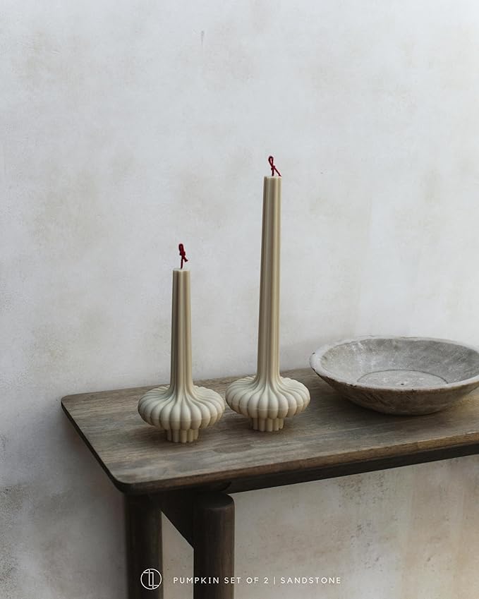 LAWA Set of 2 Pumpkin Base Candle - Beautiful Handmade Pillar Unscented Soy Wax Elegant Aesthetic Vase Candle Housewarming Gift Home Room Shelf Decor Idea Sandstone