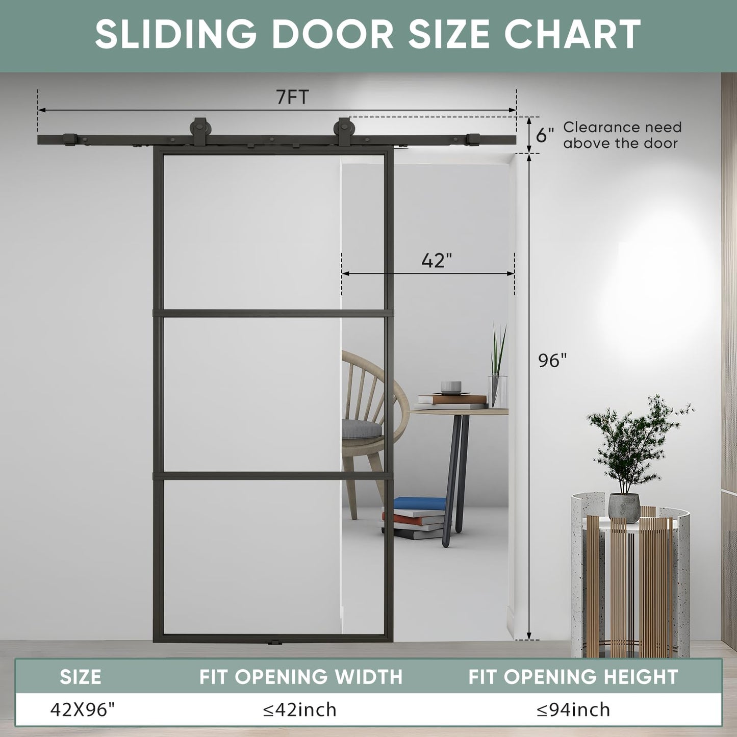 JUBEST 42in x 96in Glass Barn Door, Clear Tempered Glass Carbon Steel Pre Drilled Frame Sliding Barn Door Panel with 7FT Hardware Kit and Soft Close, Easy to Install