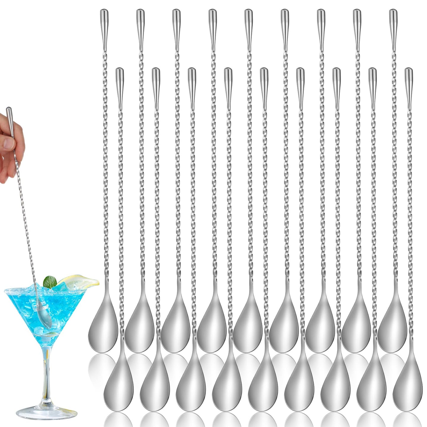 18 Pcs 12 Inch Bar Spoon Cocktail Spoon Stainless Steel Mixing Spoons Spiral Pattern with Polished Surface Stirring Spoons for Cocktail Coffee Drinks, Home Bar Party (Silver)