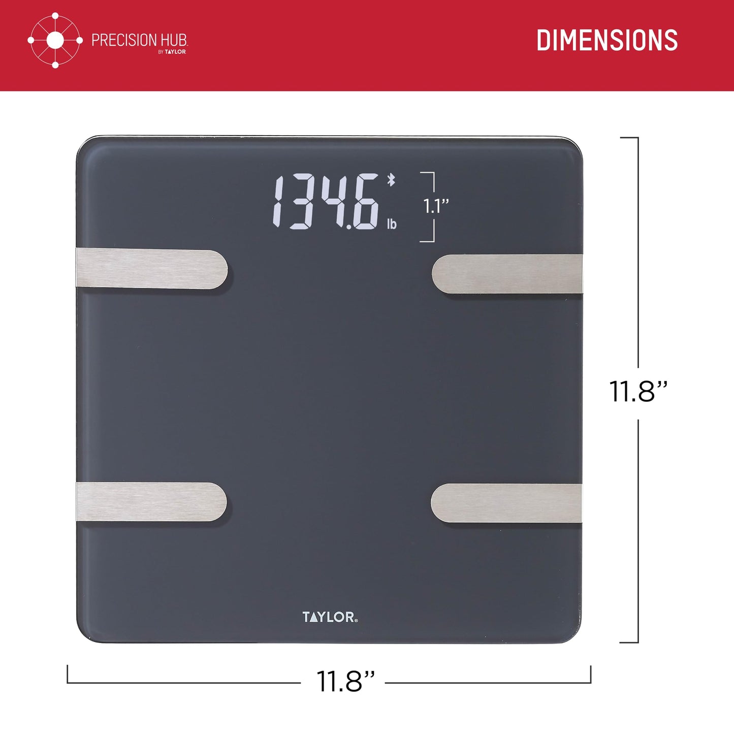 Taylor Smart Body Composition Scale with Precision Hub App for Body Weight with Smart App Connectivity, Third Party Sync, 400 lb Capacity, Durable Glass Platform, Charcoal