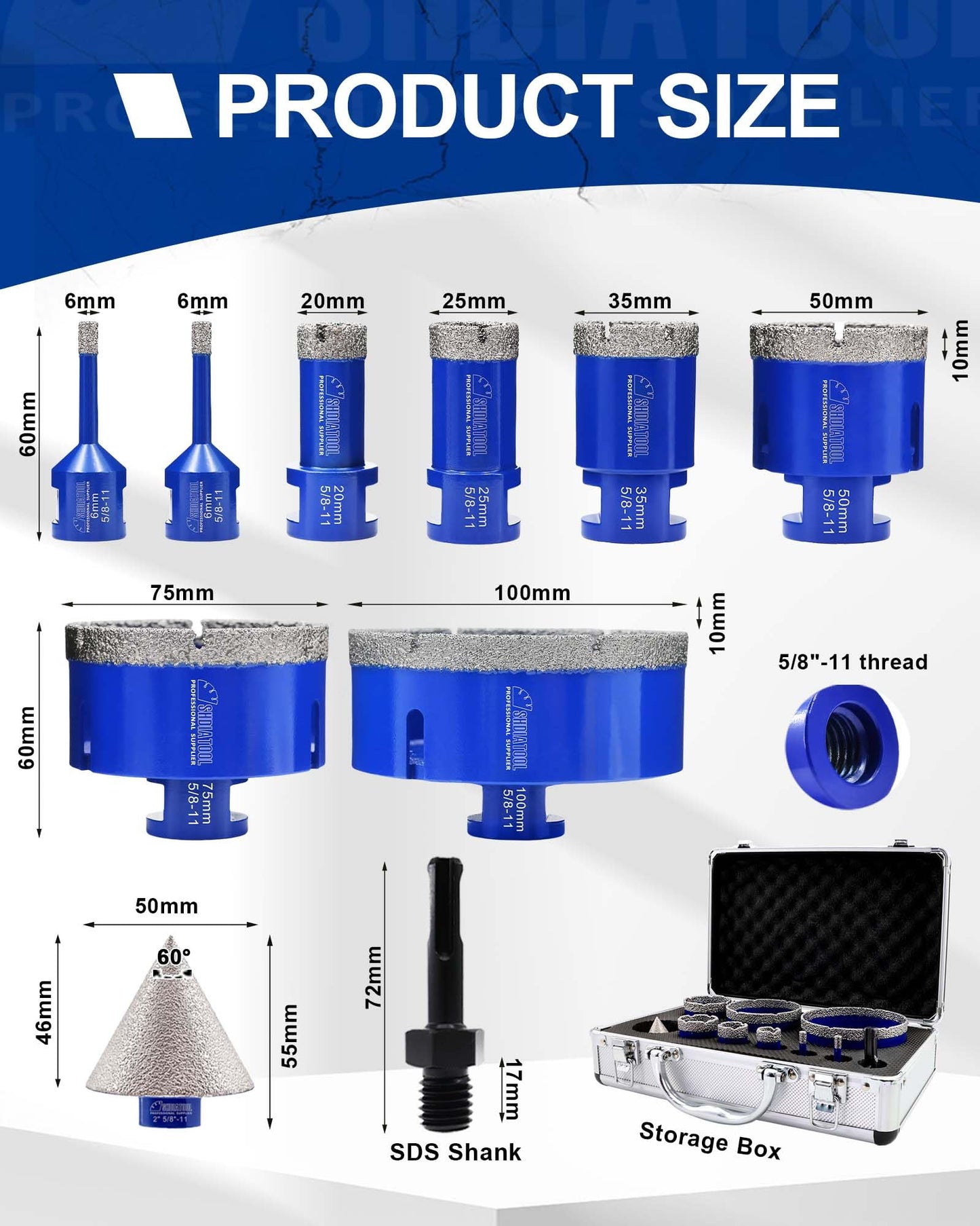 SHDIATOOL Diamond Tile Drill Bits Set,Porcelain Hole Saw, Cutter for Marble Ceramic Granite 10pieces(6/6/20/25/35/50/75/100mm/2 inch)