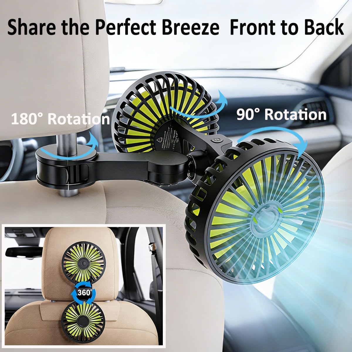 3 360 Car Fans for Backseat Kids, Car Fans Dual Head that Blow Cold Air, Cooling USB Back Seat Speed Degree Rotatable