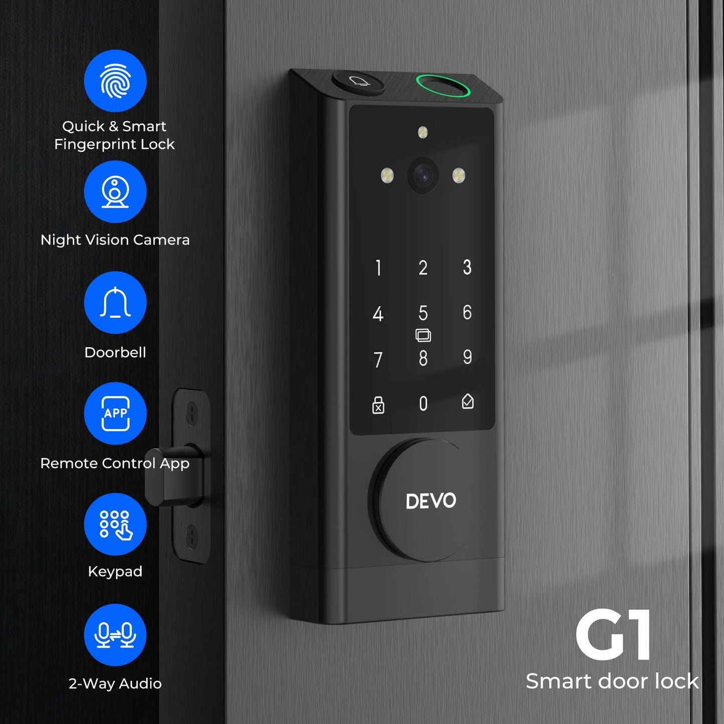 DEVO G1 Rechargeable Keyless Entry Deadbolt- 6-in-1 Smart Lock with Camera & Doorbell, Wi-Fi Smart Door Lock for Front Door with Fingerprint, Auto Locks, App Remote Black