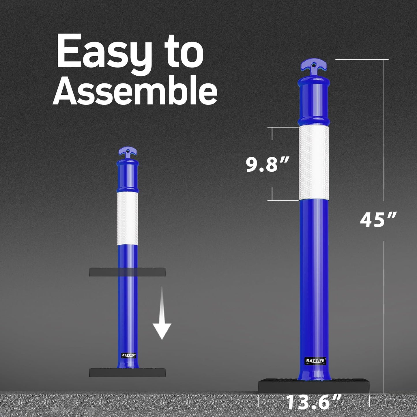 BATTIFE 45" Delineator Post with Base, Traffic Delineator Cones with Reflective Collar for Driving Practice, Construction Work (3, Blue, 45 inch)