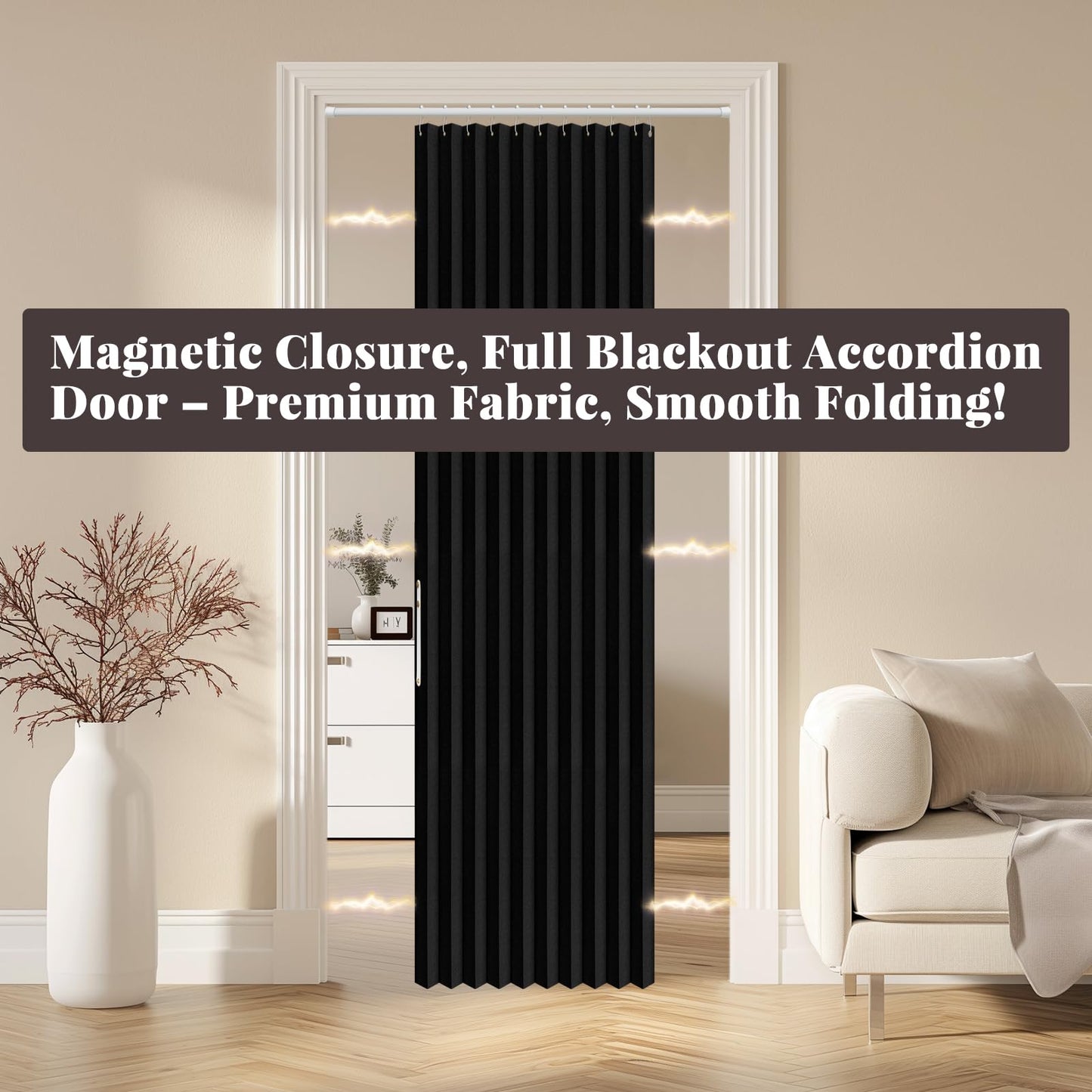 AJAZZ 100% Blackout Magnetic Door Curtain Accordion Doors Interior Closet Door Curtain Invisible Applicable Bedroom Room Living Room Doorway (Black 42" W x 78" L) 1 Panel