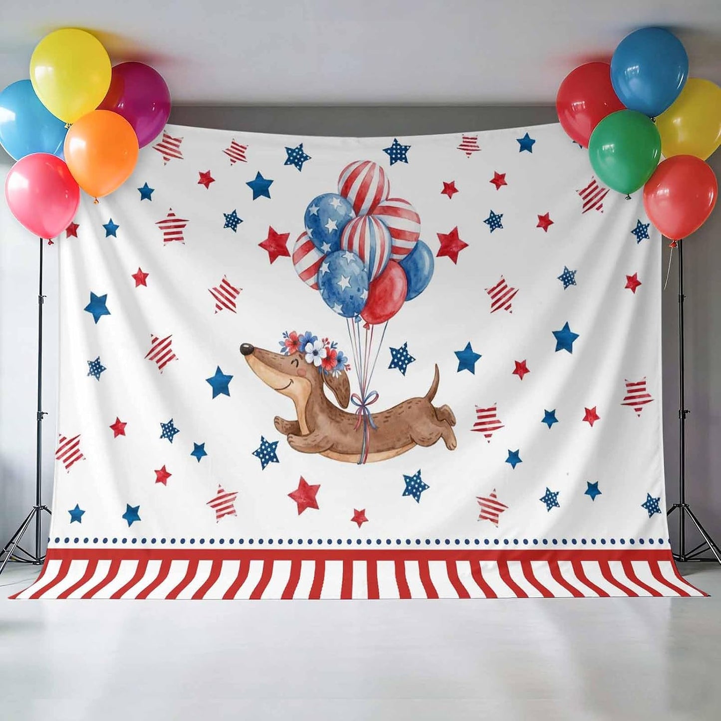 Generic 10 8 Independence Day Photo Backdrop for Photoshoot, x FT Flag Day Sausage Dog Blue Red Star Balloon Photo