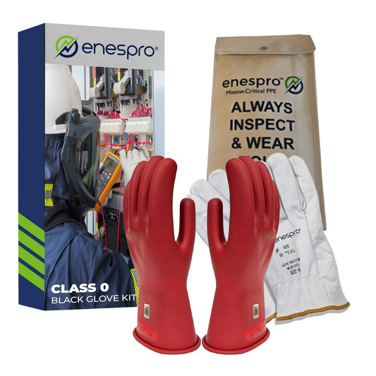 Enespro Class 0 Insulated Electrical Gloves - 1000V AC, 1500V DC Rubber Electrical Gloves with Leather Protectors, Bag - ASTM D120 NFPA 70E Electric Glove for Power Crew, and Utility Workers, Red