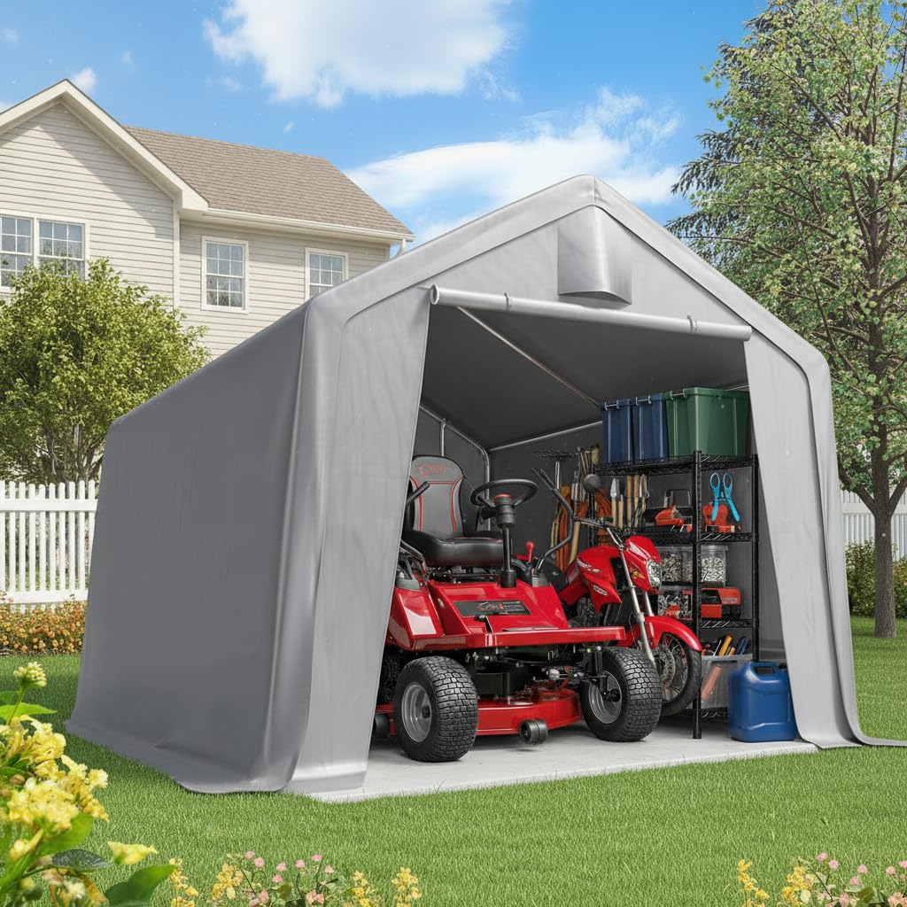 Quictent 10x12FT Large Outdoor Storage Shed Workshop Shelter with Roll-Up Mesh Windows, Heavy Duty Portable Garage for Riding Mower, Garden Equipment Waterproof Tent with Reinforced Frame, Sliver Gray