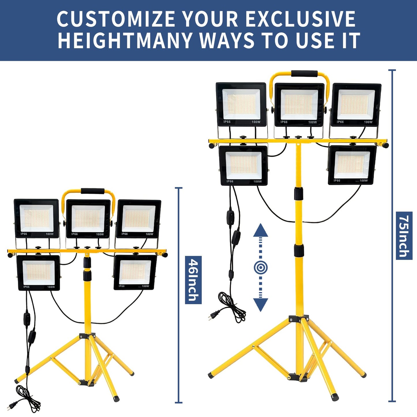 50000LM LED Work Light with Stand, 5-Head Tripod Work Light with 3000K-6500K Dimmable, 3 Modes Portable Light for Construction Site, Garage, Workshop, Job Site, Emergency Lighting