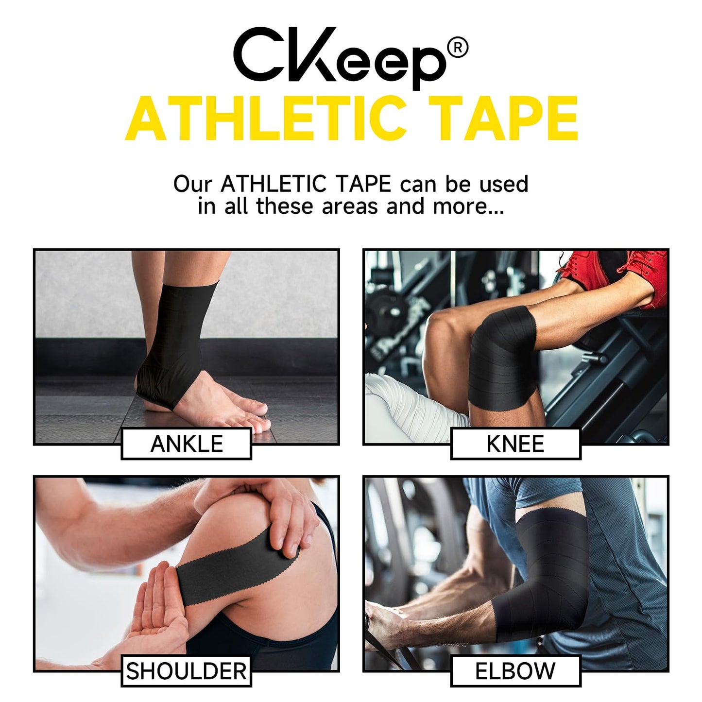CKeep Athletic Tape, 4 Pack Black Sports Tape, Very Sturdy No Glue Residue, Wrist Ankle Tape for Muscle, Climbing, Boxing, Athletes, Baseball Bats, Strains, Sprains, Injuries（1.5 Inches）