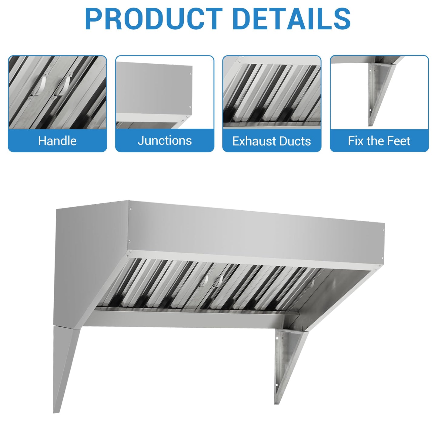 Commercial Kitchen Exhaust Hood, 4 Ft Rust-Resistant 201 Stainless Steel Vent with u-Shaped Baffle Filters, No Electricity Required for Safe Grease Extraction, for Restaurant, Food Truck & Kitchen