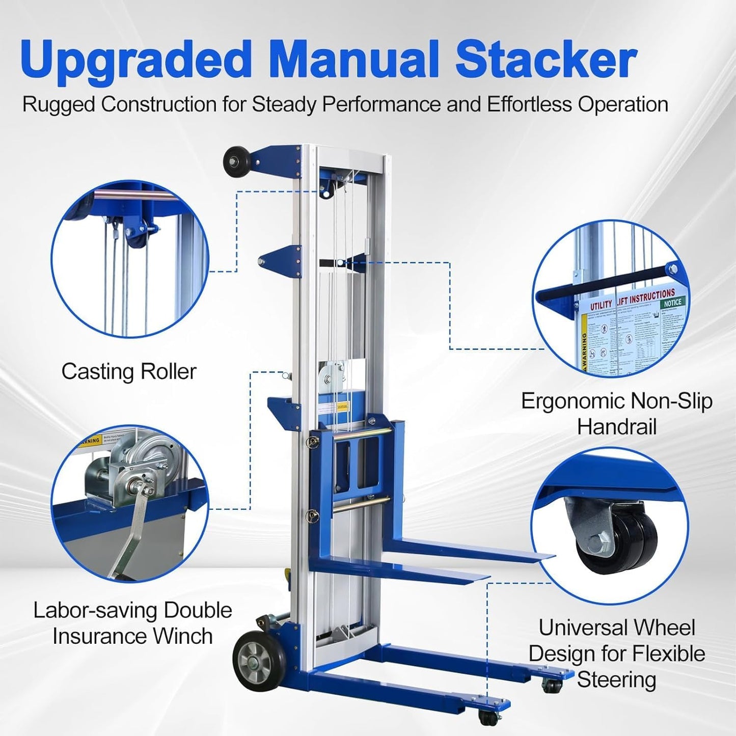 ELOMBR 400 lbs Material Lift Winch Stacker, 122" Lift Height, Fixed Straddle Hand Winch Lift Truck, Material Lifts for Warehouse, Factory, Library, 34.60"L x 24.80"W