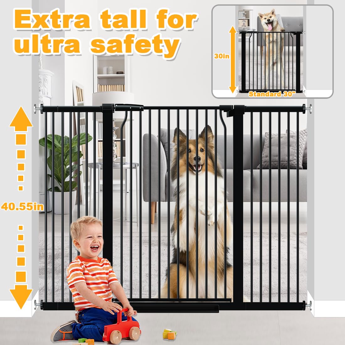 40.5" Extra Tall Cat Pet Gate 57.4-60.2" Wide Pressure Mounted Tall Pet Gate Easy Walk-Through Auto-Close Safety Baby Gate for Cats and Dogs for Indoor Stairs, Doorways, and Kitchen