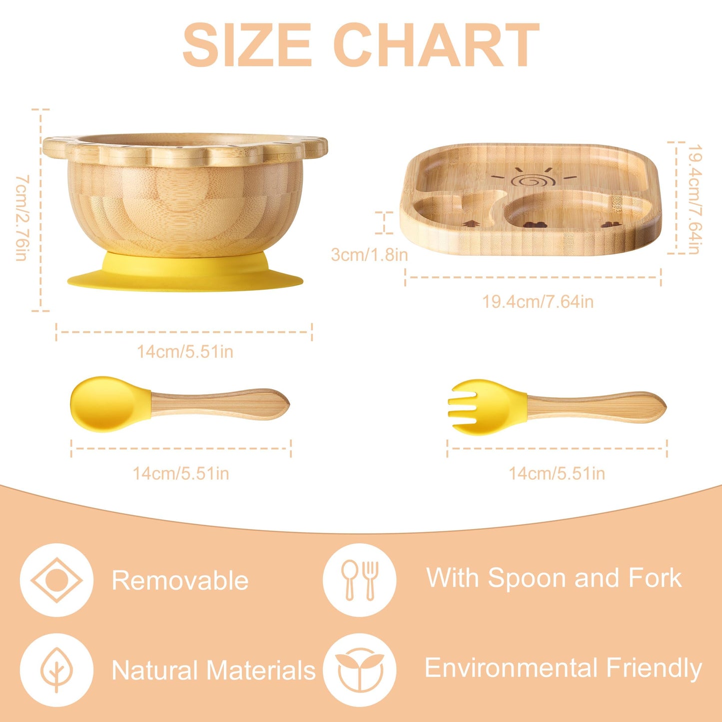 BABY REMEMBER Suction Plates Bowls Set for Baby Toddler Non-Toxic Bamboo Feeding Set with Silicone Fork & Spoon (Yellow Feeding Set)