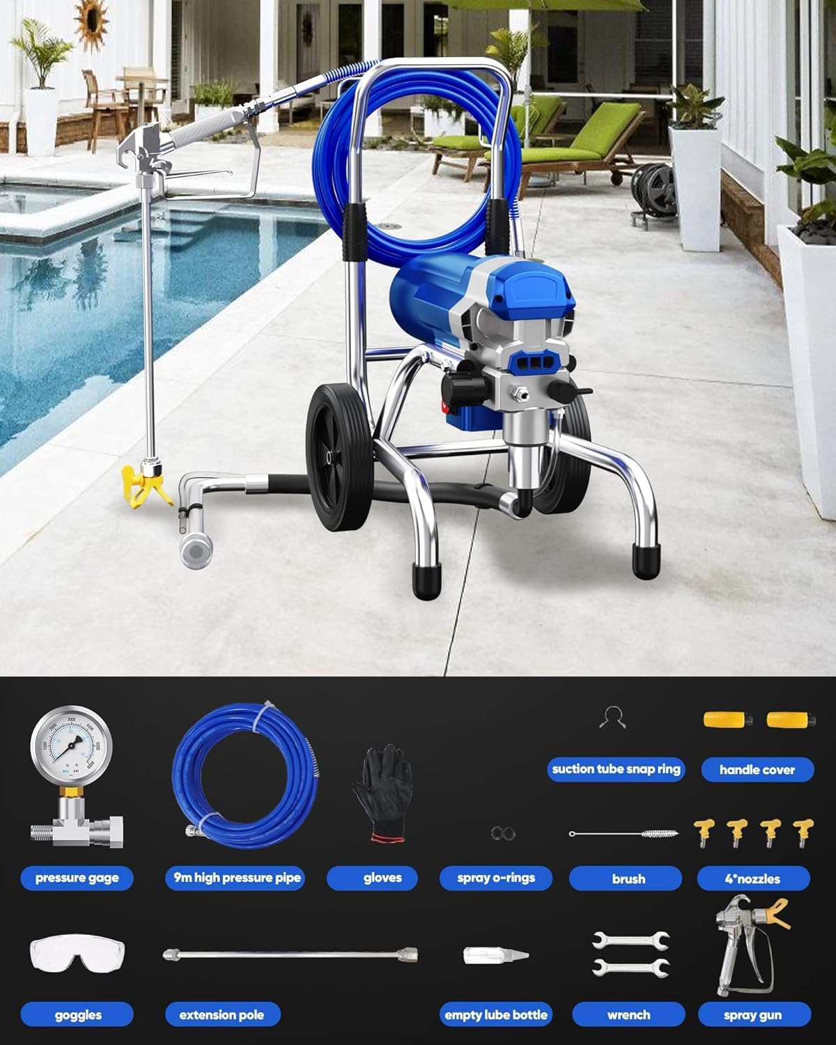 Airless Paint Sprayer, 1800W High Efficiency Electric Paint Sprayer, 3800PSI Cart Thinning-Free Airless Sprayer with Extension Rod and Wheels, for Home, Yard, Garden, Commercial Use