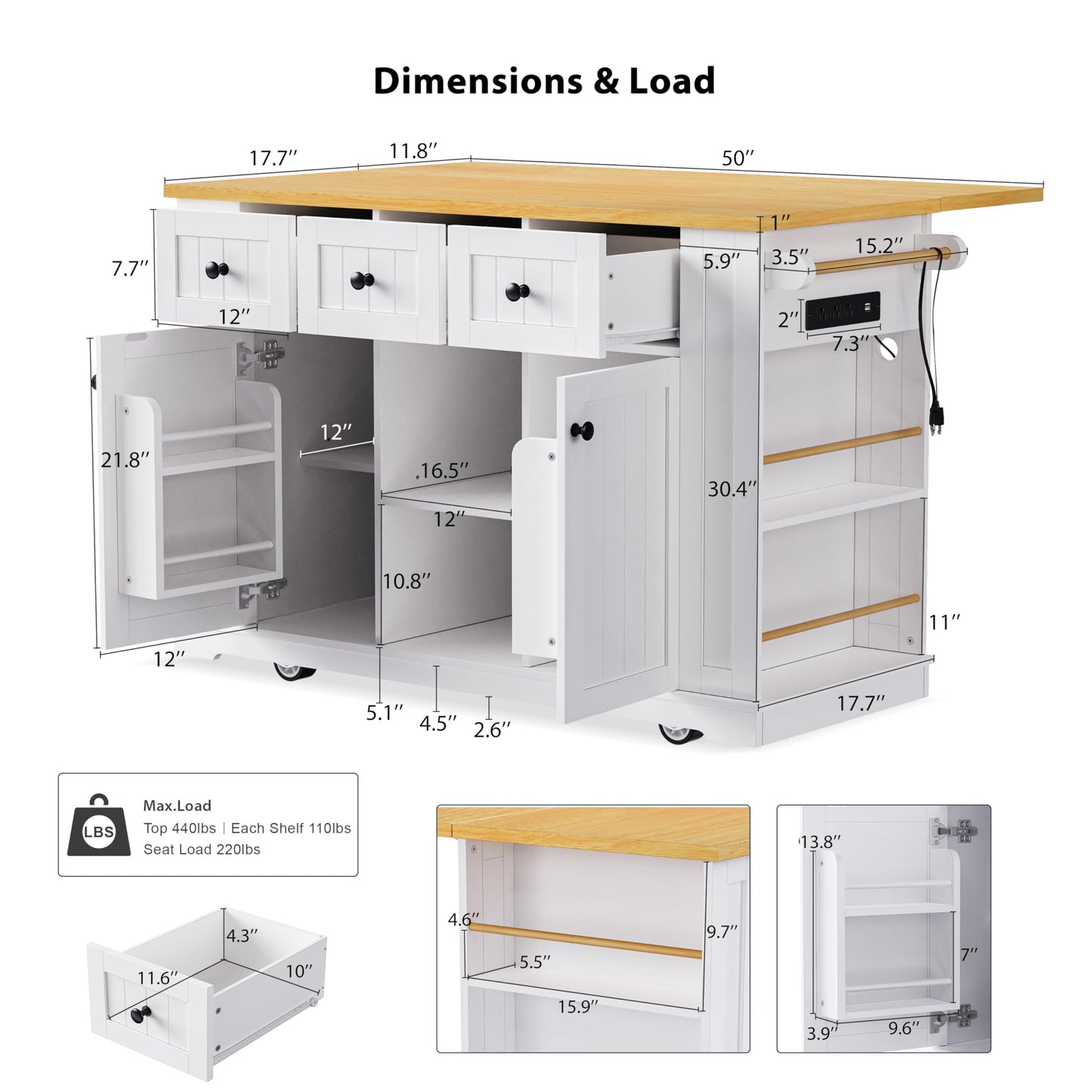 Kitchen Storage Island on Wheels with Drop Leaf & Power Outlet, Rolling Kitchen Island Cart with Open Side Racks, Door Shelves and Towel Bar, 53-Inch, White