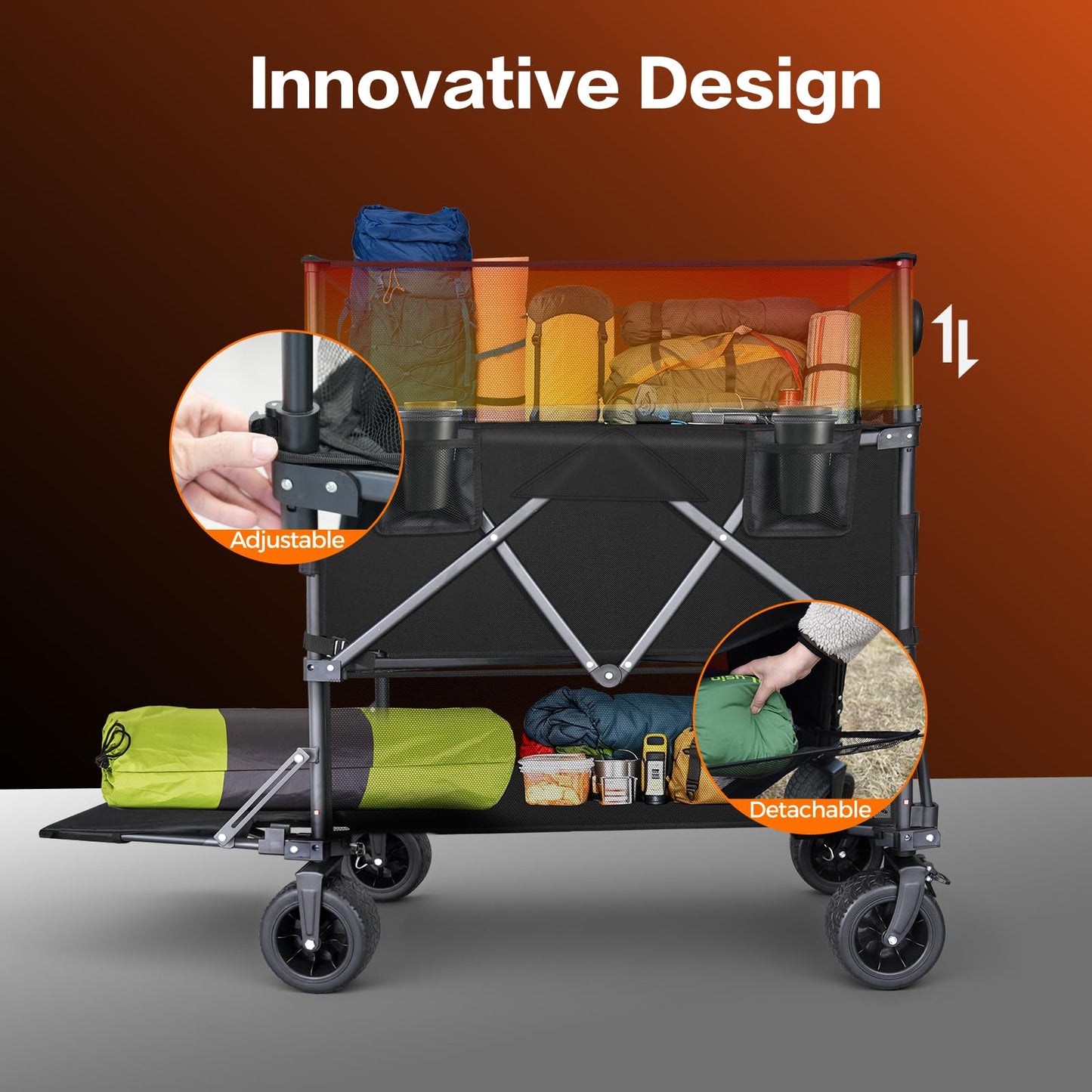 Double Decker Wagon with Retractable Mesh & Tailgate - 560Lbs Load Heavy Duty Foldable Collapsible Wagon Cart with Wheels for Camping, Beach, Groceries, Sports (Black)