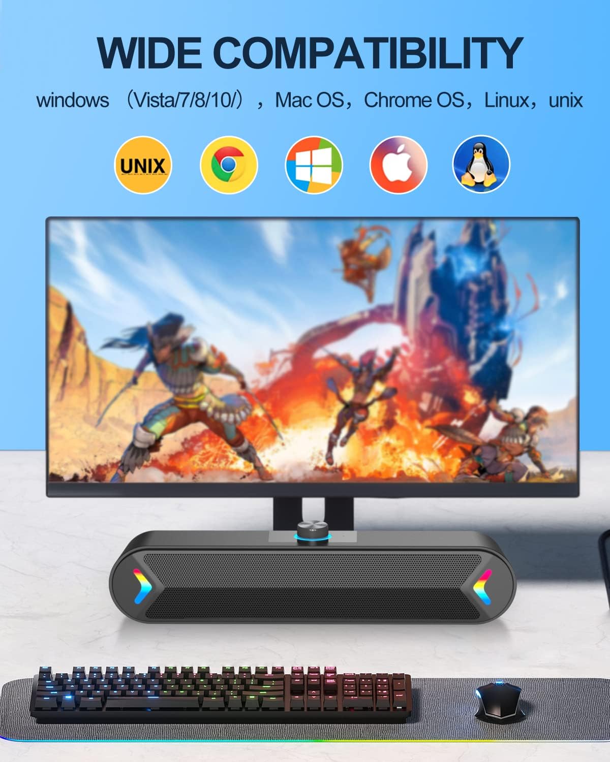 LENRUE Computer Speakers for Desktop,PC Speakers with Basic Stereo Sound & Colorful Lights, Single USB for Both Power