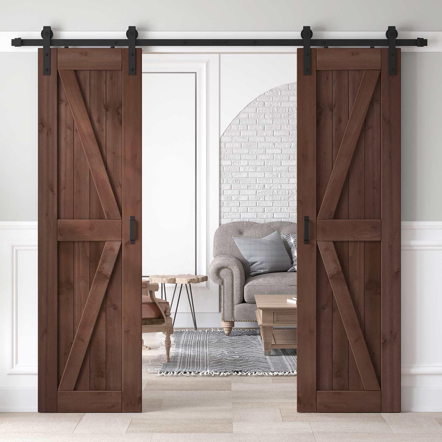 ROYMELO 48x84 inch (Double 24×84 inch Door) Sliding Barn Wood Door Slab with 8ft Hardware Kit and Handle, Coffee, K Shape, Simple DIY Assembly