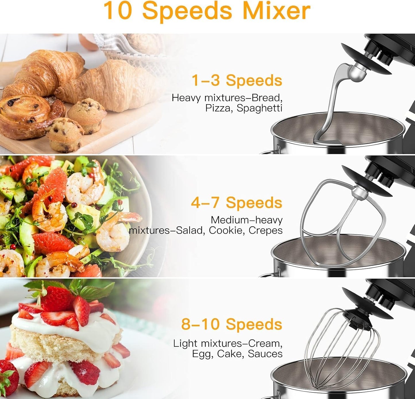 PeakPursuit 7.5QT Stand Mixer, 10-Speed Tilt-Head Electric Food Mixer with Stainless Steel Bowl, 660W Motor, Dough Hook, Whisk & Beater, Compact Design for Home Baking,Black