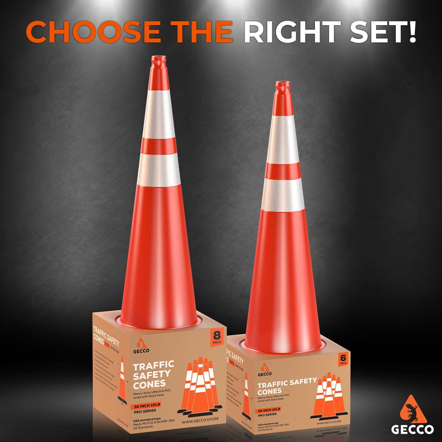 GECCO ™ (8 Pack) 36 Inch 10 Lb Heavy Tall Orange Traffic Cones Set | Large Safety Cones, Orange Cones, Parking Cones, Construction Cones, Road Cones | PVC Plastic & Black Base - [PRO Series]