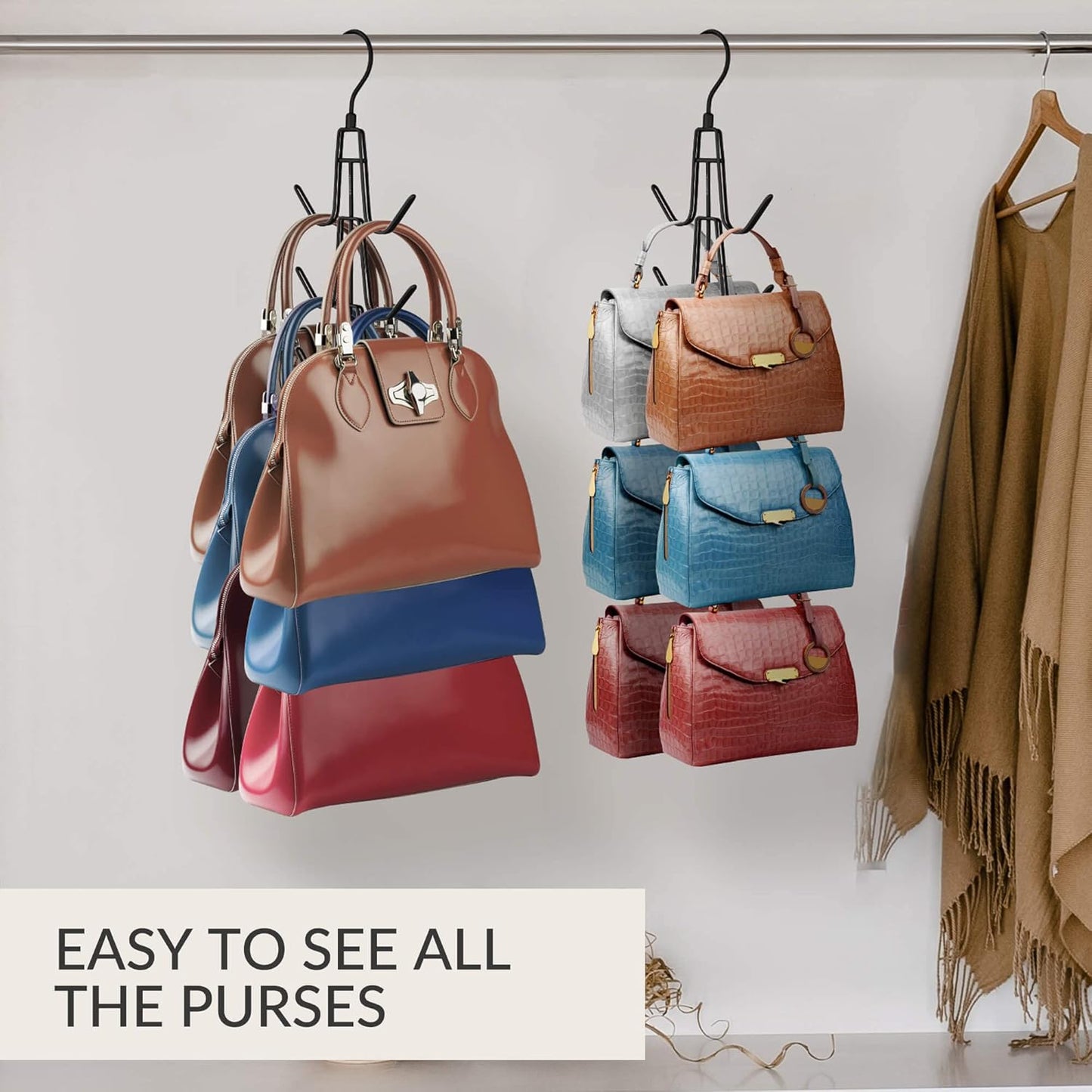 ZEDODIER Purse Organizer - Heavy-Duty Metal Hanging Hanger Holds Up to 12 Purses | Black, Space-Saving Design