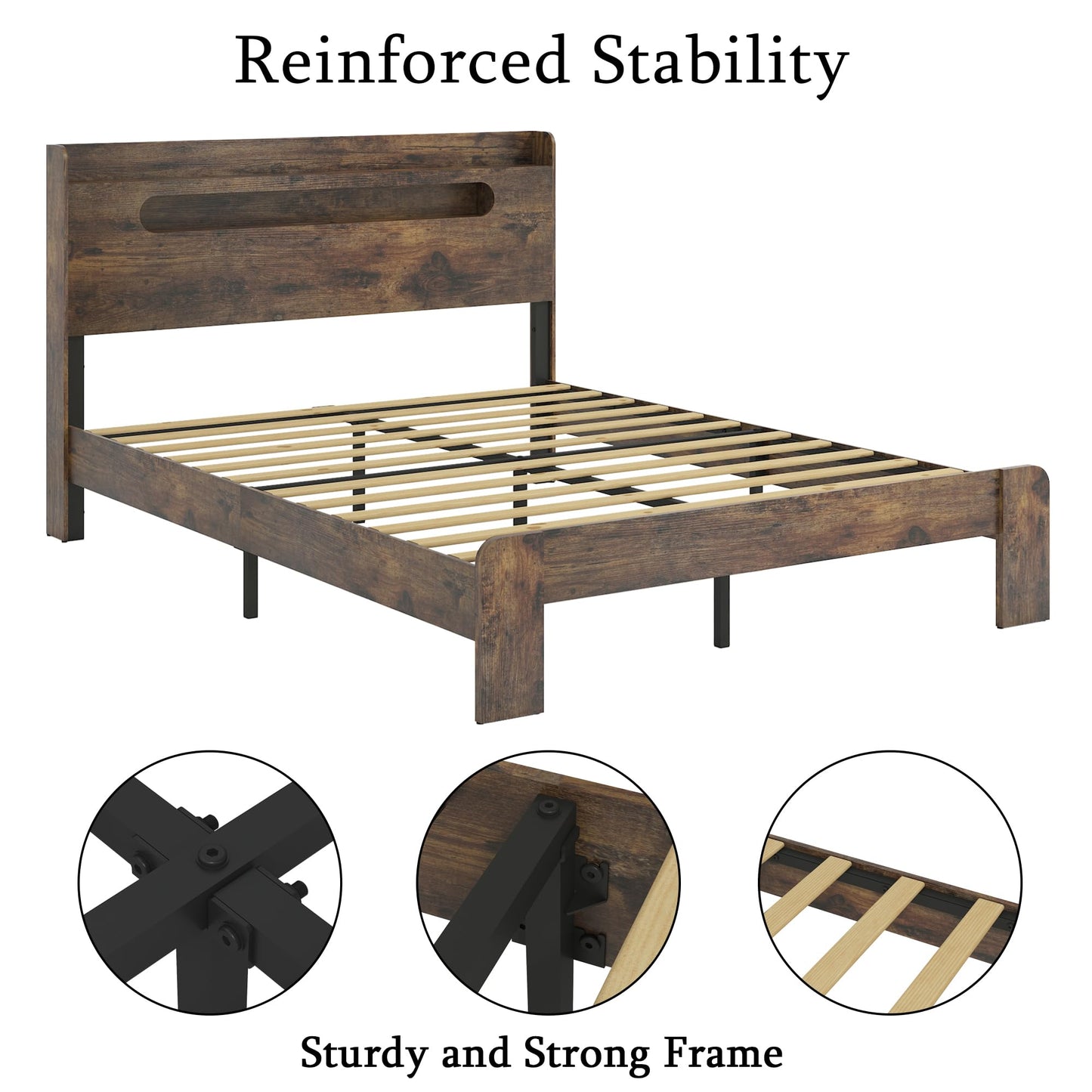 GDFStudio Full Size Wood Platform Bed Frame with Storage Headboard and Charging Station, LED Light Headboard with 2 USB Ports and Power Outlets, Noise-Free Support, No Box Spring Needed, Dark Brown