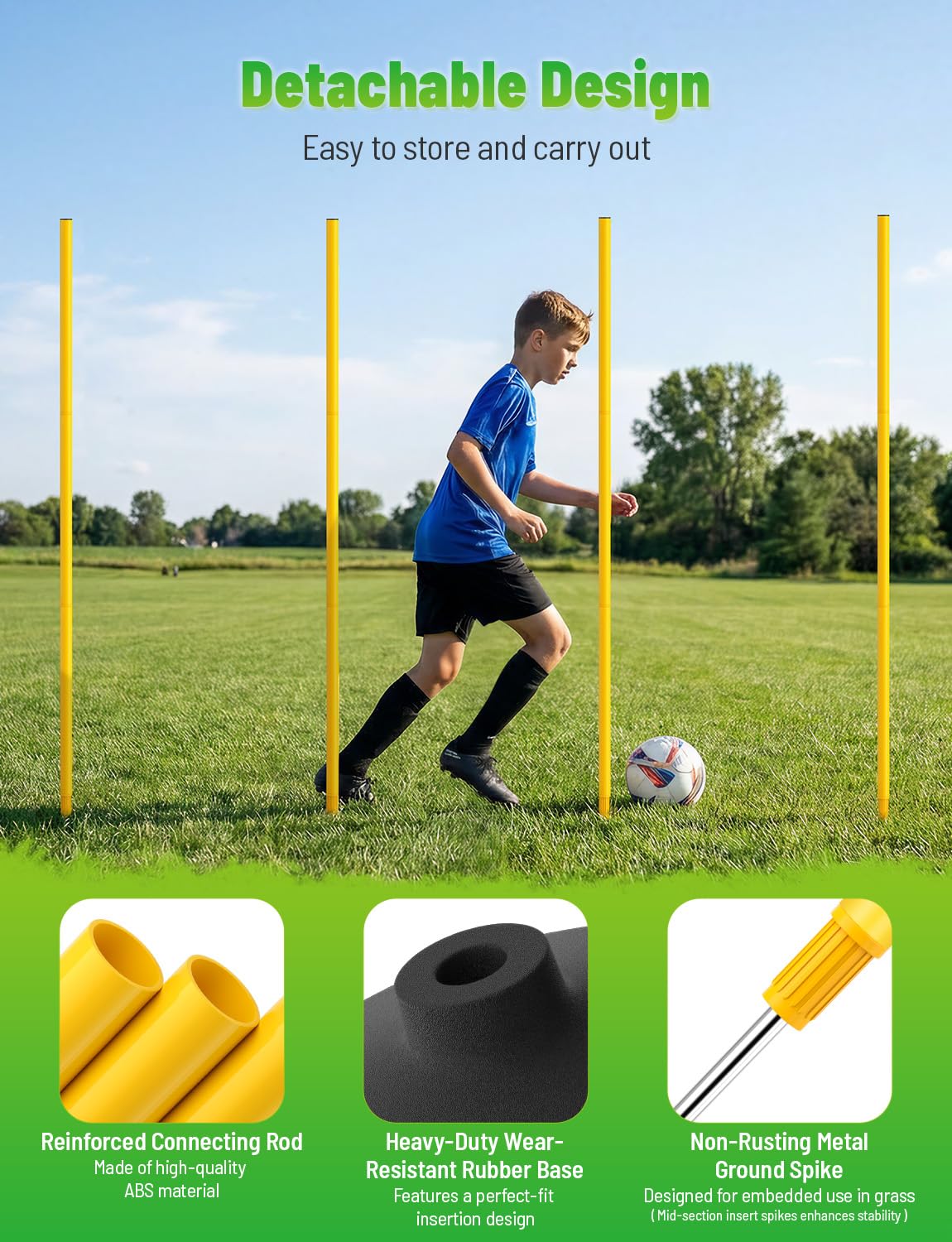 GHB Agility Poles 4 Pack 50" Sports Soccer Training Poles,Detachable Speed Training Equipment Football Accessories 2 in 1 Design Rubber Base and Spike
