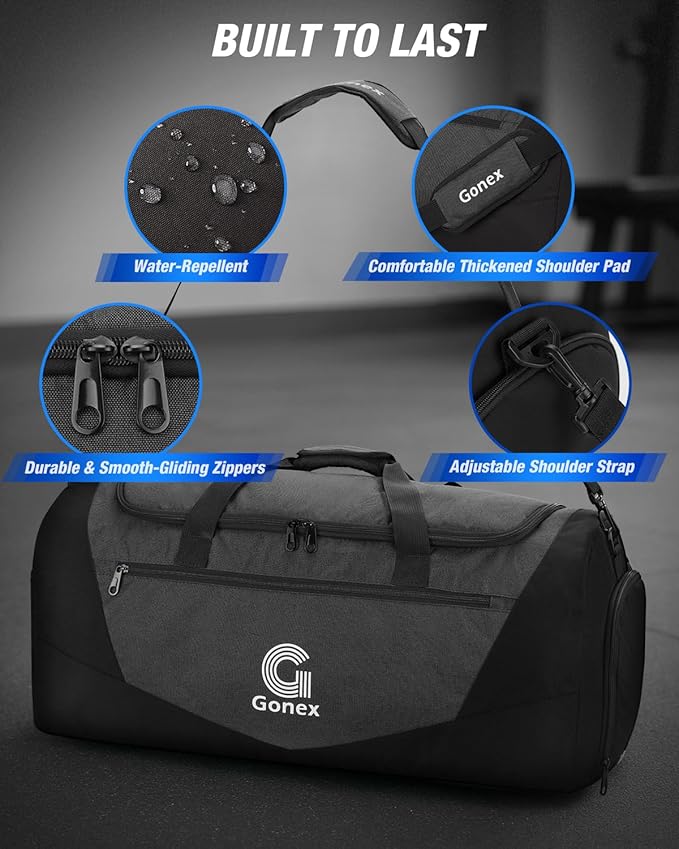Gonex Gym Duffel Bag with Shoe Compartment Wet Pocket, Large Capacity Sports Duffle Bag for Men Women, Workout & Travel Bag with Multiple Pockets, Black, Small (30L)