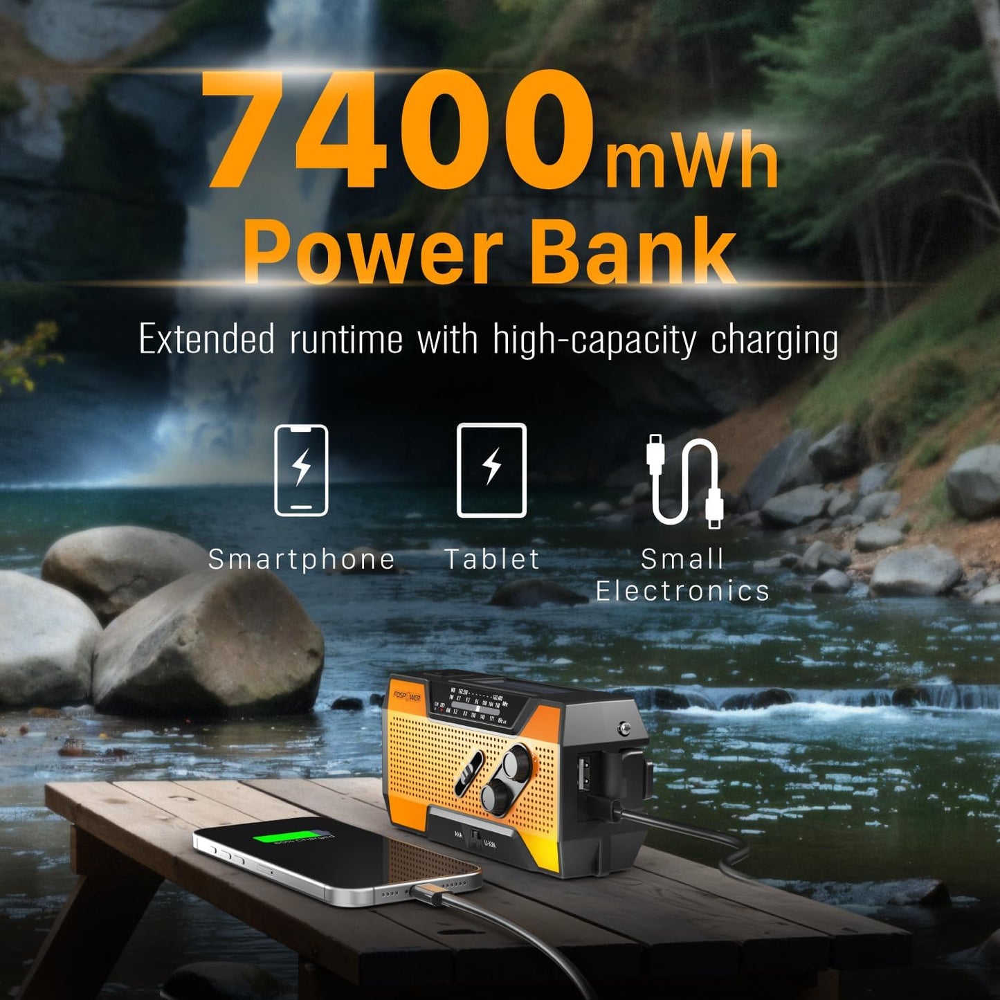FosPower A1 7400mWh NOAA Emergency Weather Radio Portable Power Bank, AM/FM, USB/Solar/Hand Crank Charging, Battery