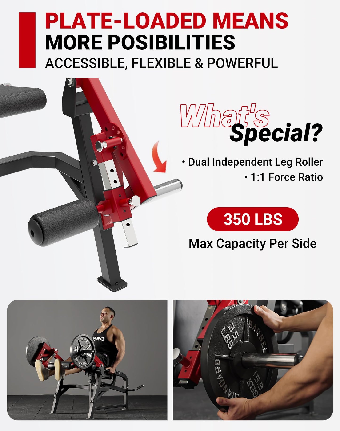 GMWD Leg Extension and Curl Machine, Single Leg Extension, Lying Leg Curl, Standing Leg Curl, Adjustable Leg Exercise Bench with Plate Loaded, Leg Machine Home Gym, Red