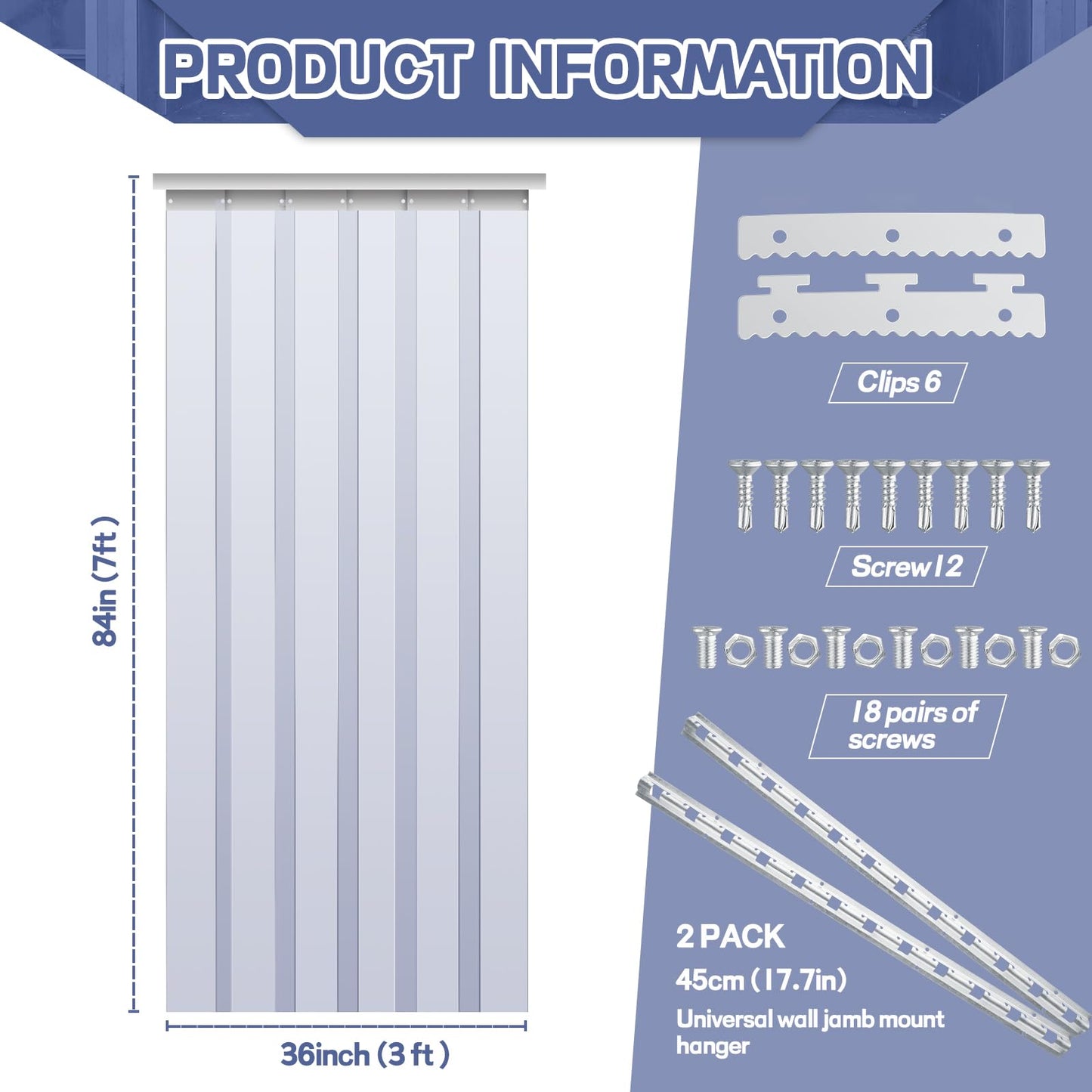Juexica 36 x 84 Inch PVC Strip Door Curtain Kit, Heavy Duty Waterproof Clear Door Curtain for Walk-in Cooler, Freezer, Warehouse & Garage, Hurricane Shutters, Energy Saving and Easy Install(Clear)