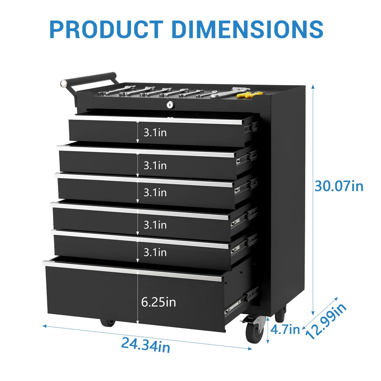 EliteEdge 24 Inch 6-Drawer Rolling Tool Chest, Heavy Duty 16-Gauge Steel Tool Cabinet with 4 Locking Casters & Central Lock, Ball Bearing Drawers for Garage Workshop Organization
