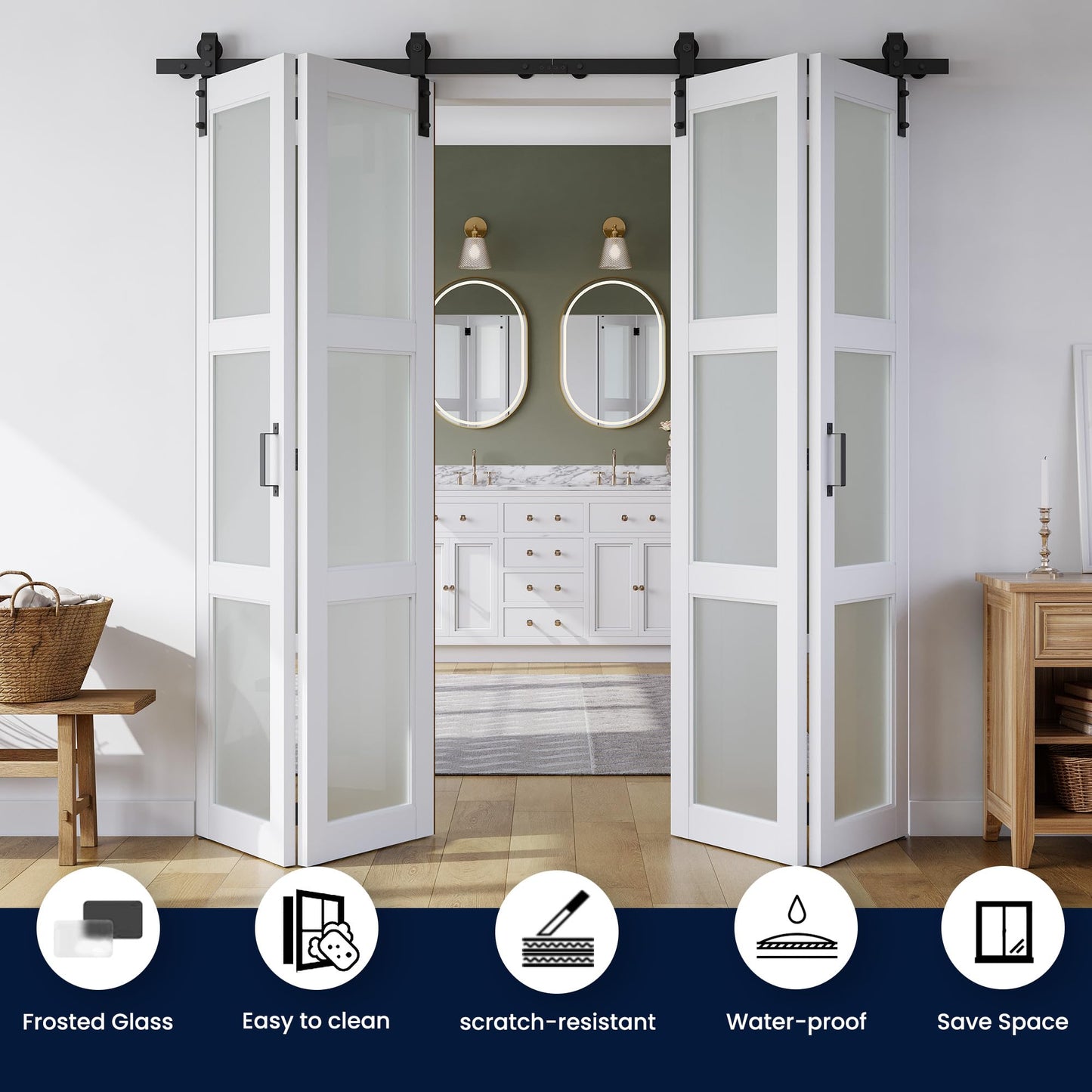 SMARTSTANDARD 72in x 84in Bifold Barn Door, Frosted Glass Barn Door with Hardware Kit Included, Pre-Drilled Holes Easy Assembly -Solid Barn Doors Slab Covered with Water-Proof PVC Surface, White