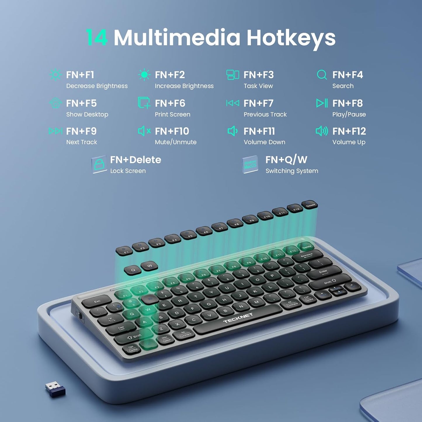 TECKNET (2.4G+BT 5.0), Wireless Bluetooth Keyboard, Slim Rechargeable Keyboard Multi-Device Easy-Switch, Quiet Typing