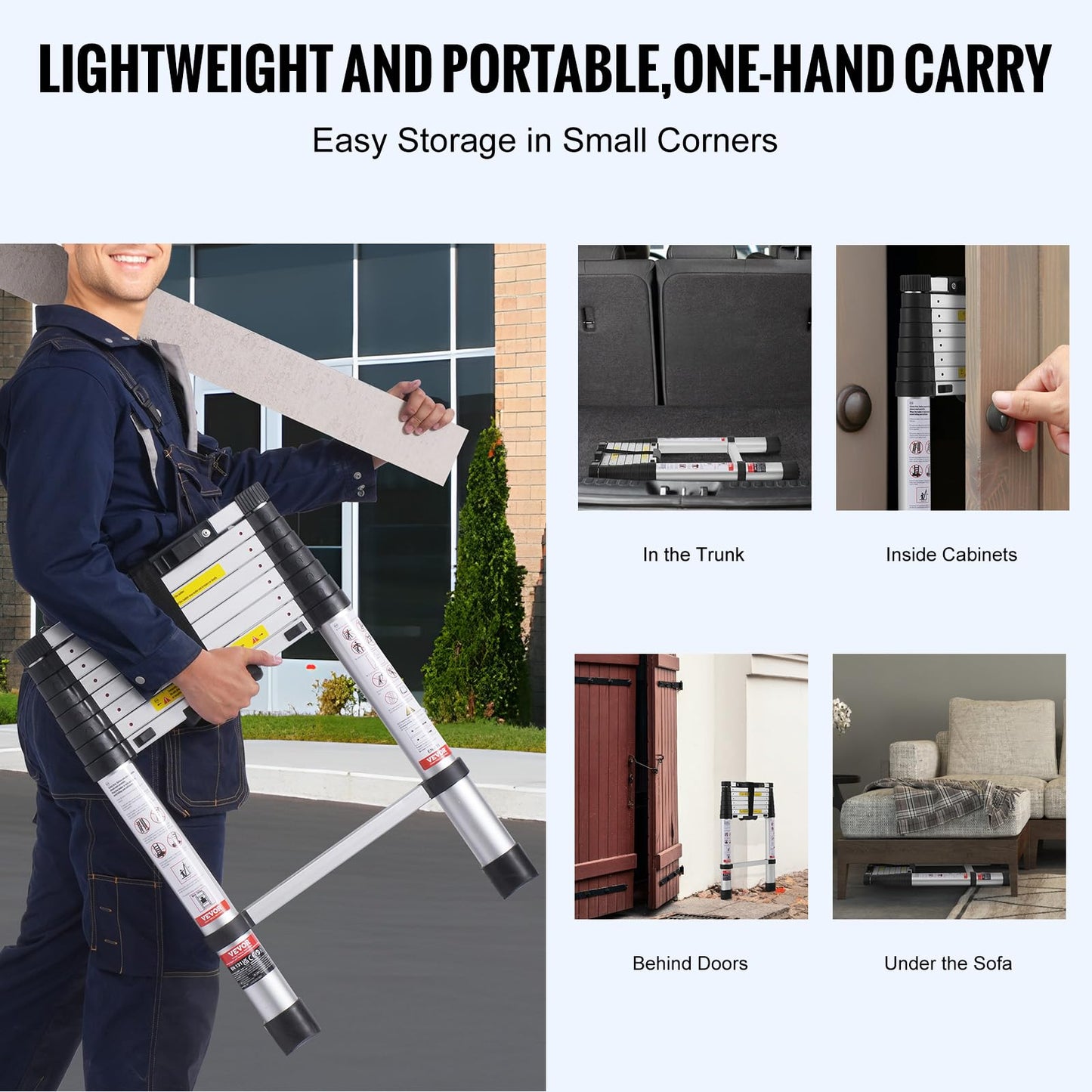 VEVOR Telescoping Ladder, 8.5FT Aluminum Lightweight Extension Ladder, One-Button Retraction Collapsible Ladder, 375 LBS Capacity with Non-Slip Feet, Portable Compact Ladders for Home, RV, Loft