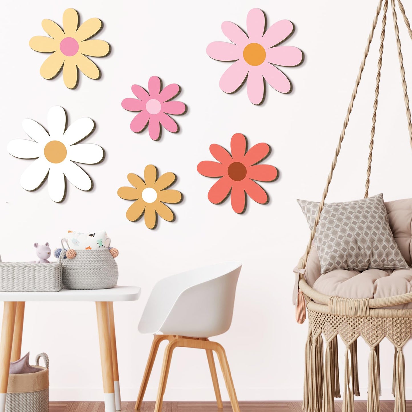 Thyle 6 Pcs Boho Daisy Wall Decor Boho Nursery Decor for Girls Natural Wall Hanging Bohemian Wooden Art Farmhouse Flower Hanging Signs for Home Office Nursery