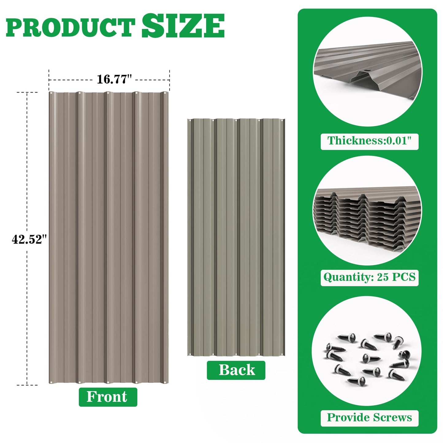 20pcs Metal Roofing Panels, 42.52'' L ×17.72'' W 102.25 ft² Corrugated Metal Sheets, Galvanized Steel Roof Fence Panels for Mobile Homes, Garages, Chicken Coop, Sheds, Stables, Patio, Warm Gray