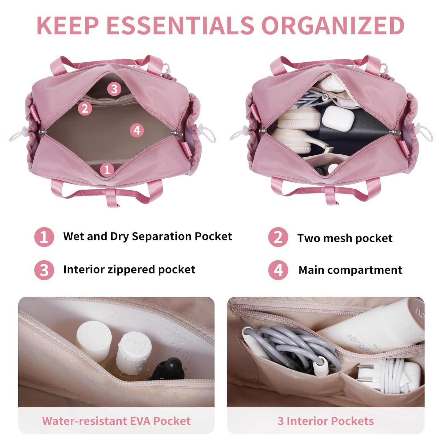 ECOHUB Small Gym Bag for Women, Mini Gym Duffle Bag with Wet Compartment, Bowknot Sports Bag, Cute Gym Tote Bag Dance Yoga Workout Travel Bags Pink