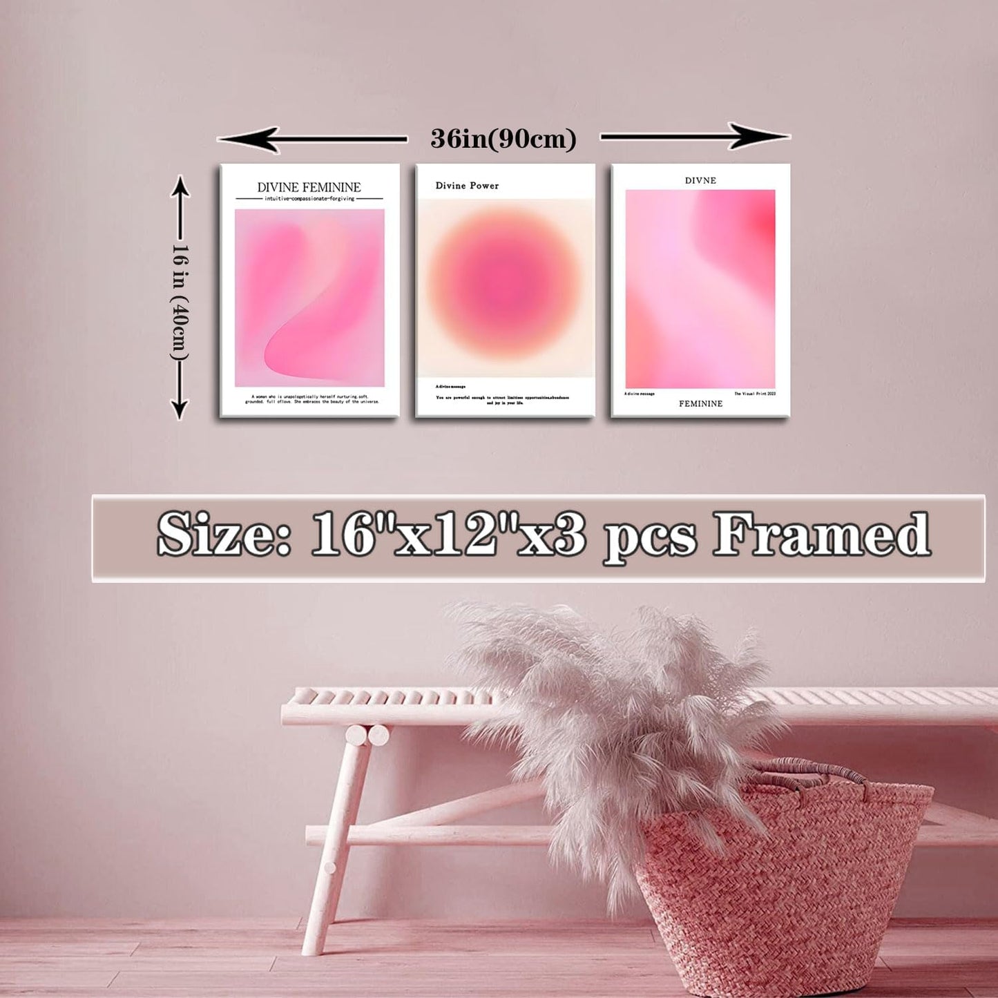 Skiennix Canvas Wall Art Set of 3 - Pink Gradient Aura Angel Posters | Framed 12x16 Inch Decor for Bedroom & Living Room