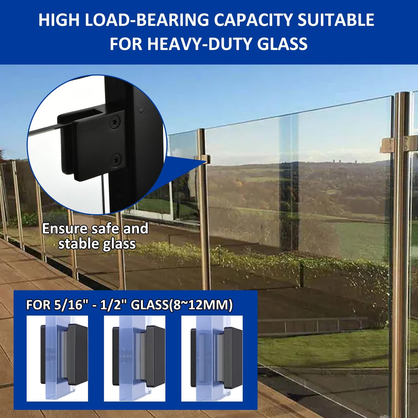 Glass Clamp－4PCS Adjustable Glass Shelf Bracket, 1/3 "-1/2 " 304 Stainless Steel Glass Clamps, Glass Clamp Bracket is Suitable for Railing, Stairs, Glass Wall, All Kinds of Glass (Black-4pcs)