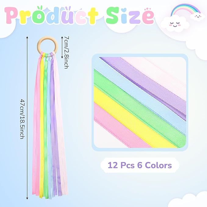 Deekin 12 Pcs Rainbow Ribbon Wooden Waldorf Toys Creative Waldorf Hand Kite Set Streamers with Wood Ring Sensory Learning Educational Toy for Playroom Dancing Birthday(Cute Color)