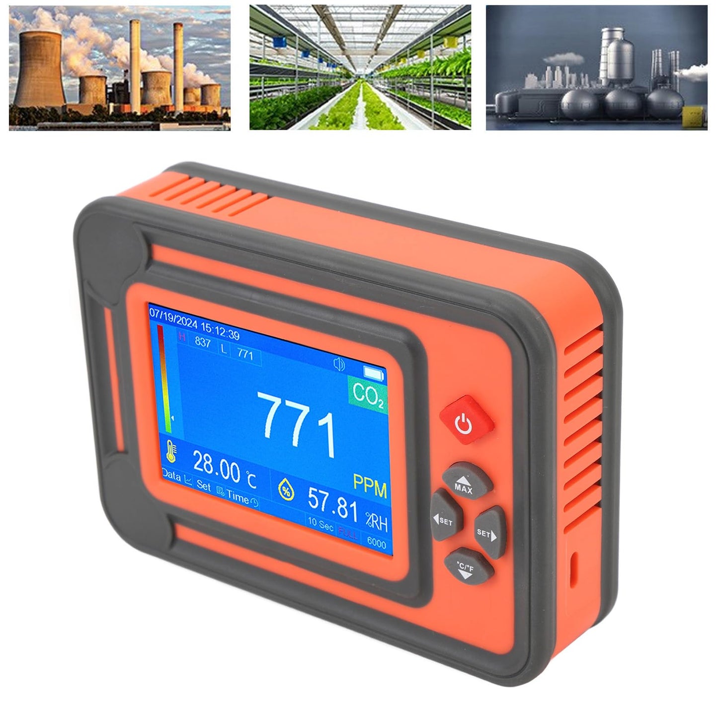 Carbon Dioxide Detector with Temperature and Humidity Meter - Infrared CO2 Monitor with 2600mAh Battery and 6000 Data Set Storage for Grow Tents Wine Cellars and Industrial (Red)