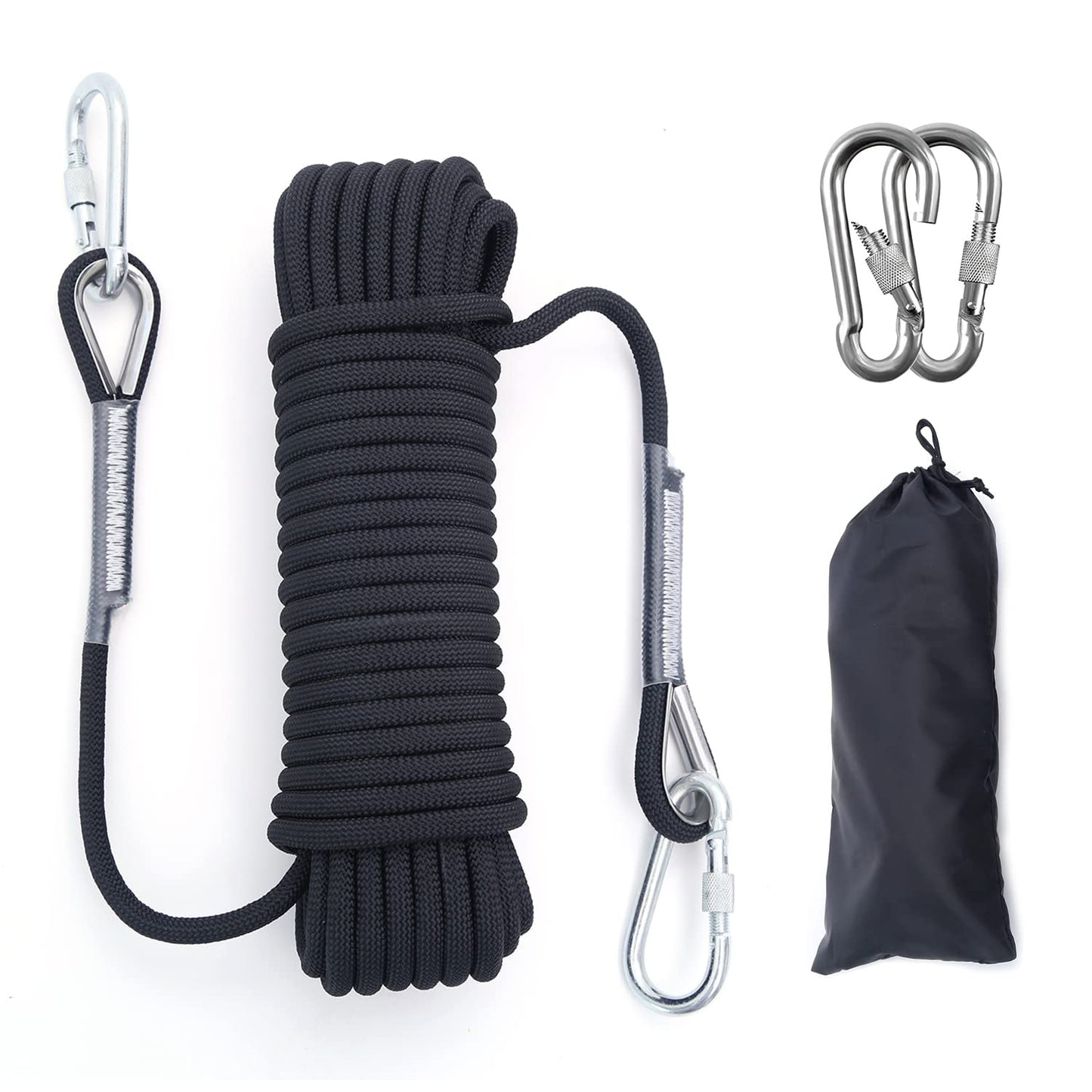 Outdoor Climbing Rope 12MM Diameter 10M(32ft) 20M(64ft) Static Rock Climbing Rope,Tree Climbing Rappelling Rope,Escape Nylon Rope,Ice Climbing Equipment Fire Rescue Parachute Rope with 2 Steel Hooks