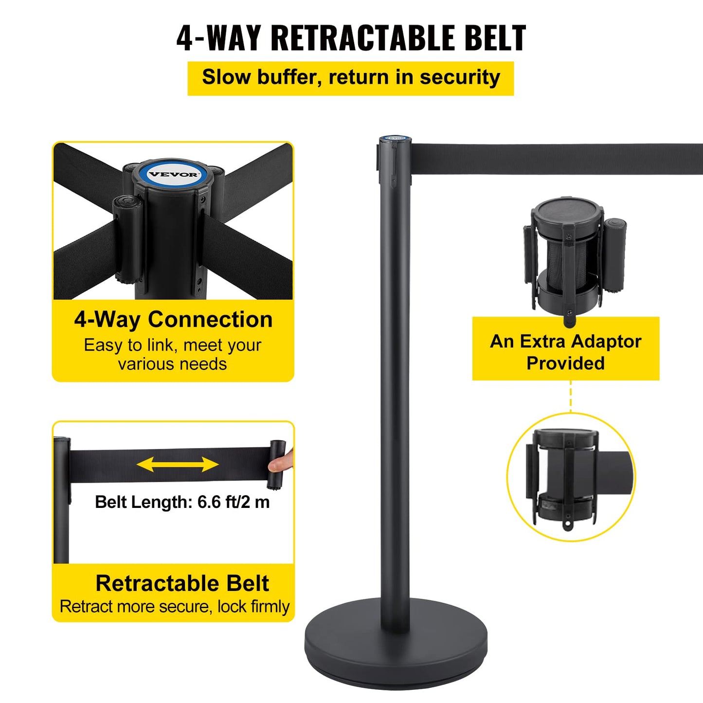 VEVOR Crowd Control Stanchion Set, Stanchion Set with 6.6 ft/2 m Black Retractable Belt, Black Crowd Control Barrier w/Concrete and Solid Metal Base - Easy Connect Assembly (6)