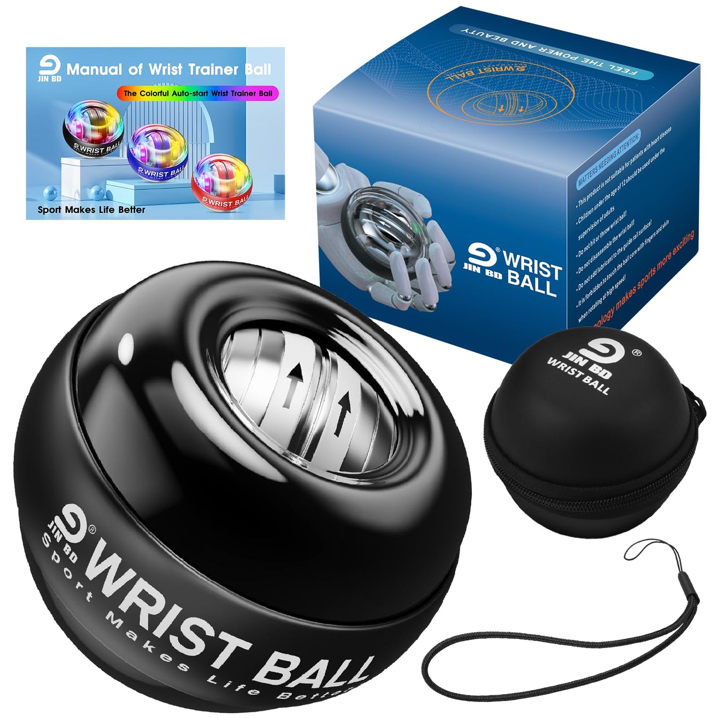 JIN BD Wrist Trainer Ball Auto-Start Gyroscopic Forearm Exerciser Gyro Ball for Strengthen Arms, Fingers, Grip and Muscles Black Diamond (No Light
