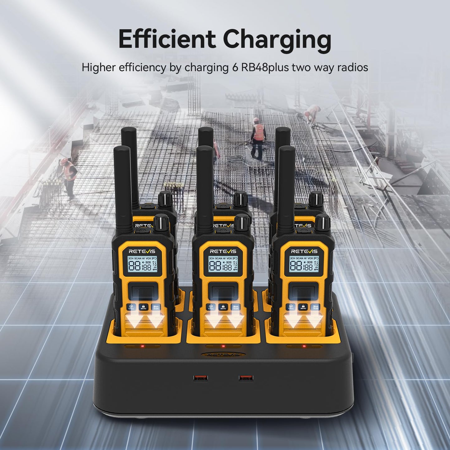 Retevis RB48 Plus Walkie Talkies Long Range, Heavy Duty Rechargeable GMRS Two Way Radios, IP67 Waterproof, Shock Resistant, Group Call, VOX,Emergency Radios(6 Pack with Gang Charger)