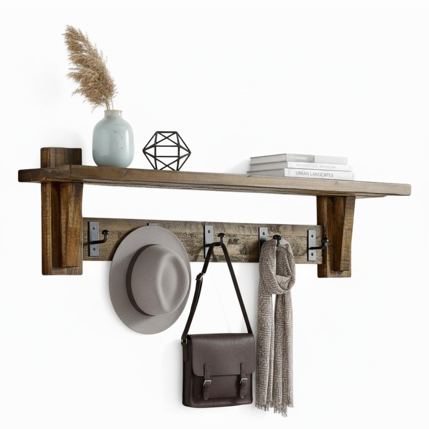 Alaterre Furniture Durango 60 Inch Solid Wood Entryway Organizer - Rustic Industrial Farmhouse Wall Mounted Coat Rack with Shelf and 5 Black Metal Hooks for Mudroom, & Living Room (Natural)