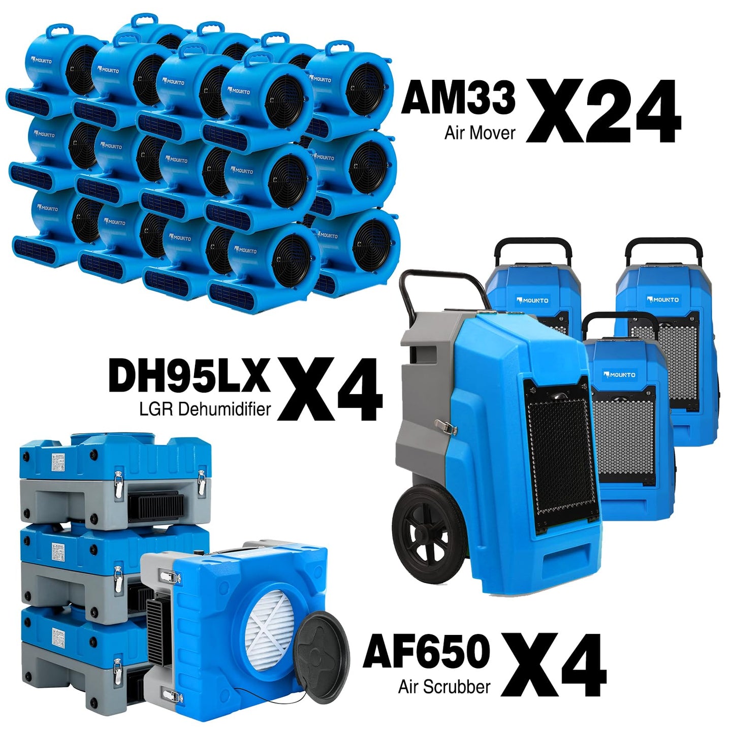 MOUNTO Water Damage Restoration Combo Package Deals (24xAir Mover, 4X Air Scrubber, 4X LGR Dehumidifiers)